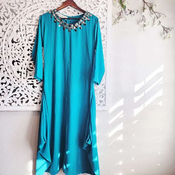 KOOMAL SOOD TEAL MAXI DRESS LONG SLEEVE NECK DETAIL SIZE MEDIUM - Picture 7 of 15
